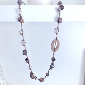 Long Elegant Bronze Brown Animal Print Wooden Medallion Silver Beaded Necklace